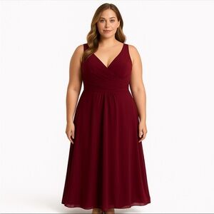Women’s Size 16 Burgundy Sleeveless Ruched Maxi Dress Lace Back Formal Gown